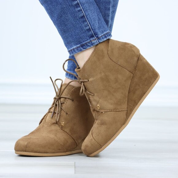 Tan Faux Suede Round Toe Wedge Heel Lace Up Ankle Boots - Picture 8 of 12